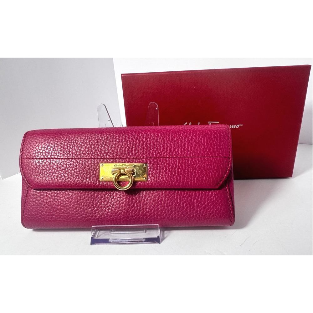 Ferragamo Gancini Leather Wallet Fuchsia Pink Gold w/box EUC coin residue